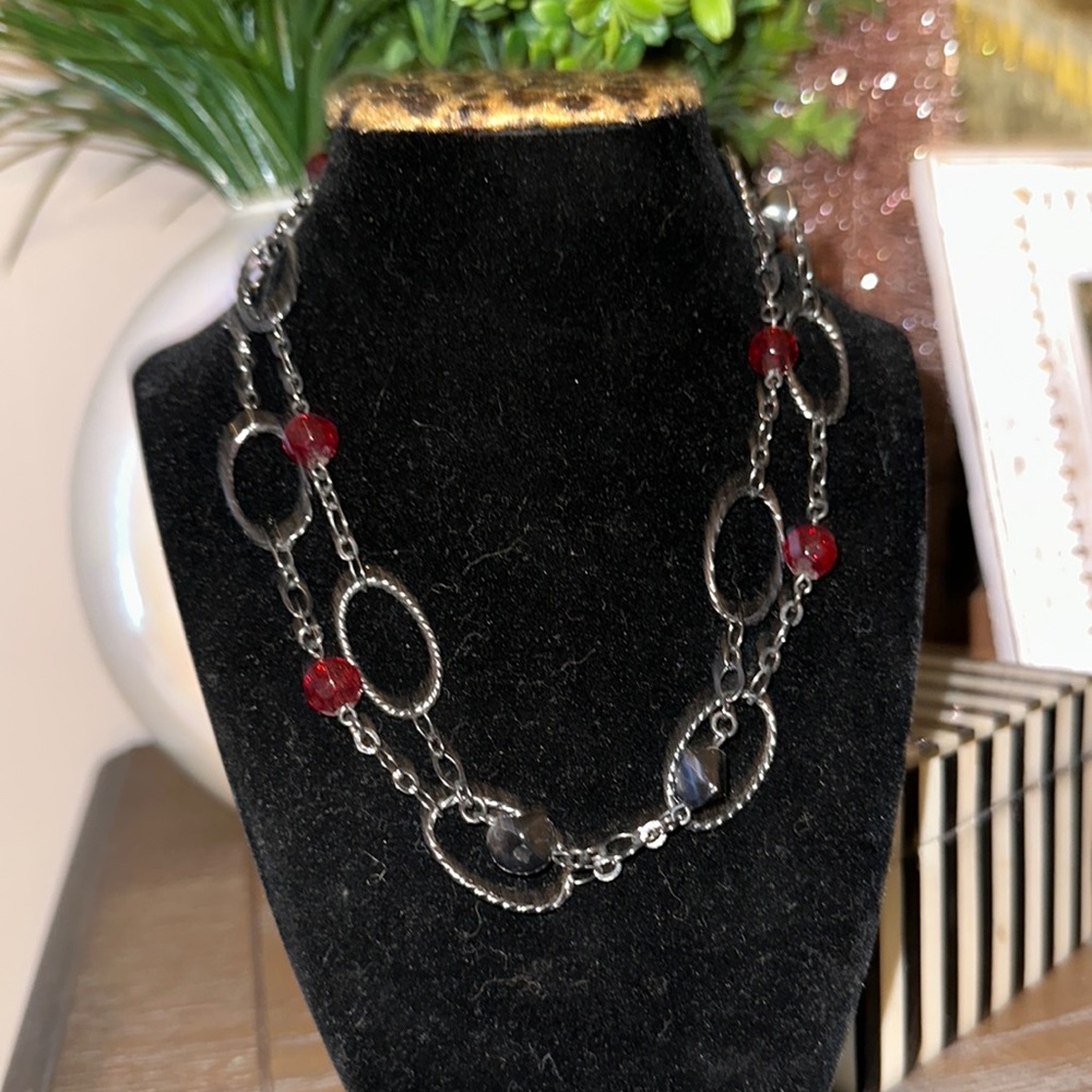 Silver circle link with red glass beads and gunmetal beads long necklace cute